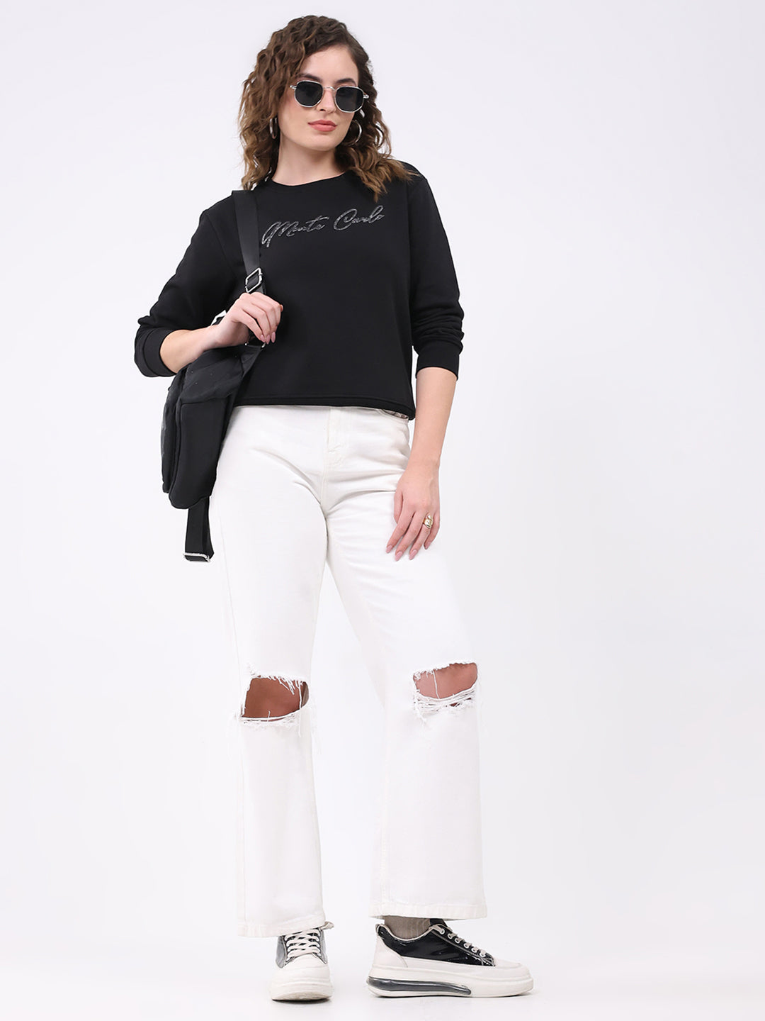 Women Black Printed Round Neck Full Sleeve Sweatshirt