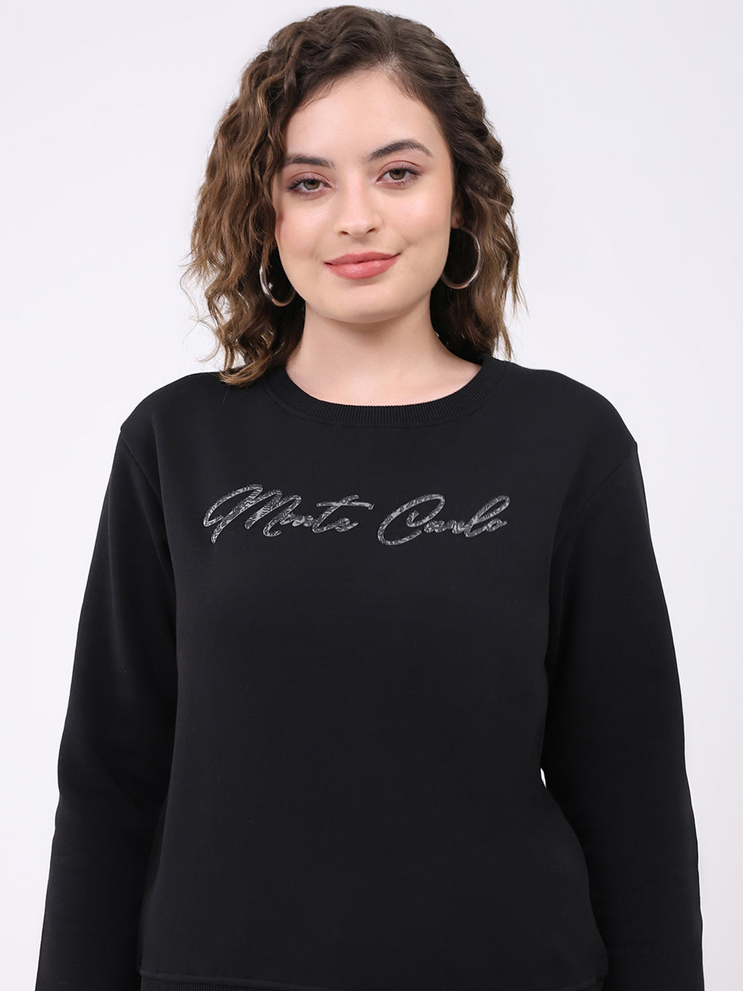 Women Black Printed Round Neck Full Sleeve Sweatshirt