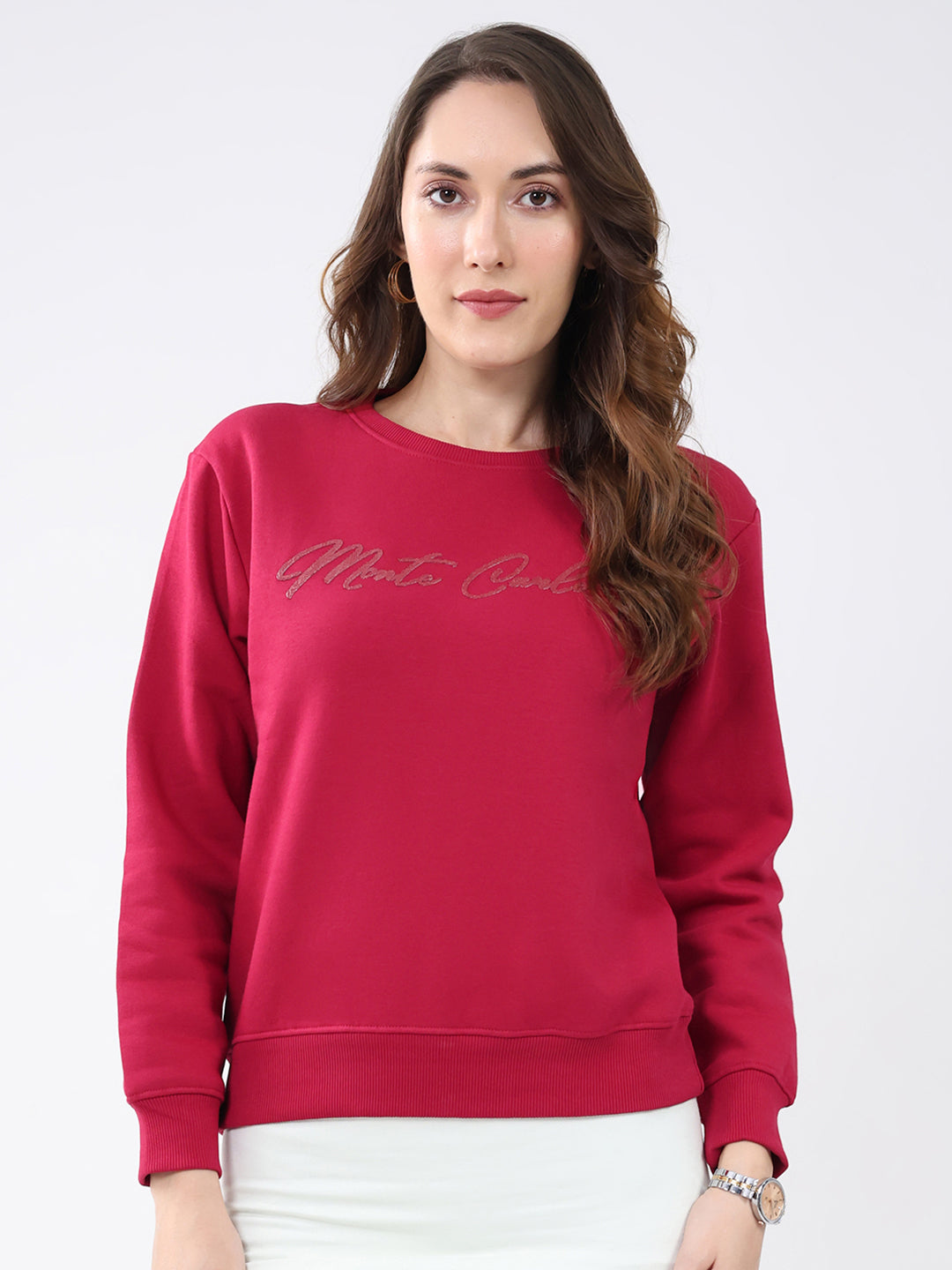 Women Maroon Solid Round Neck Full Sleeve Sweatshirt