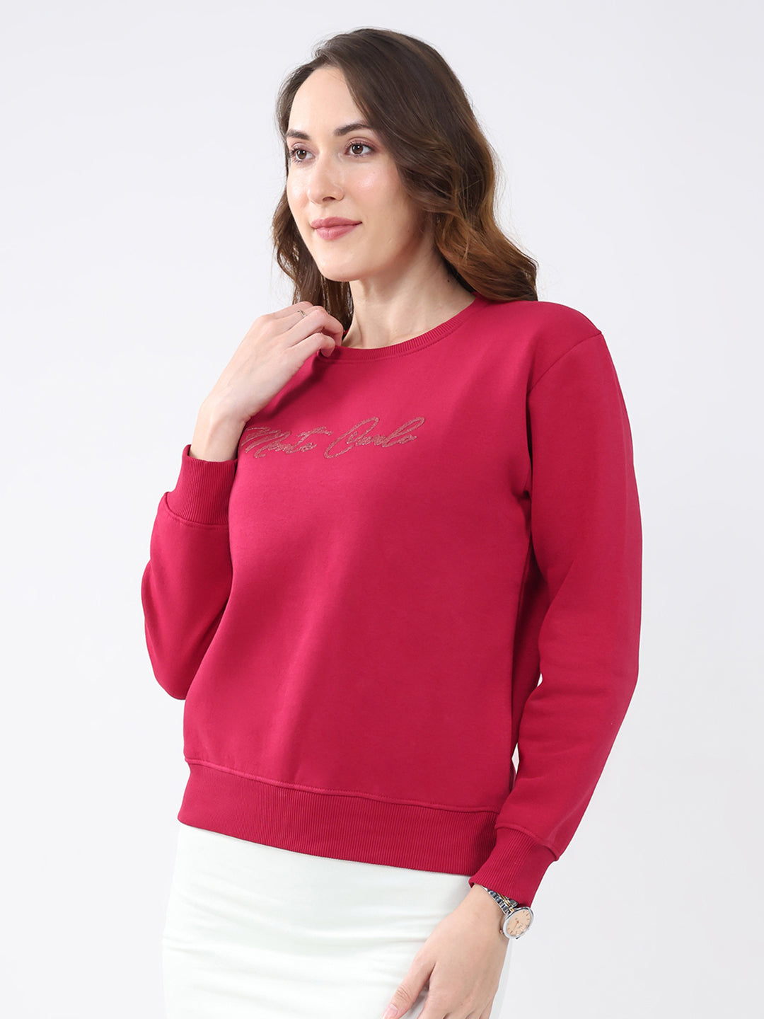 Women Maroon Solid Round Neck Full Sleeve Sweatshirt