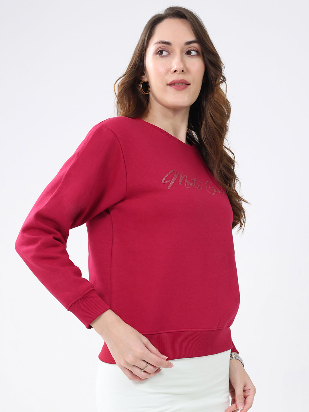 Women Maroon Solid Round Neck Full Sleeve Sweatshirt