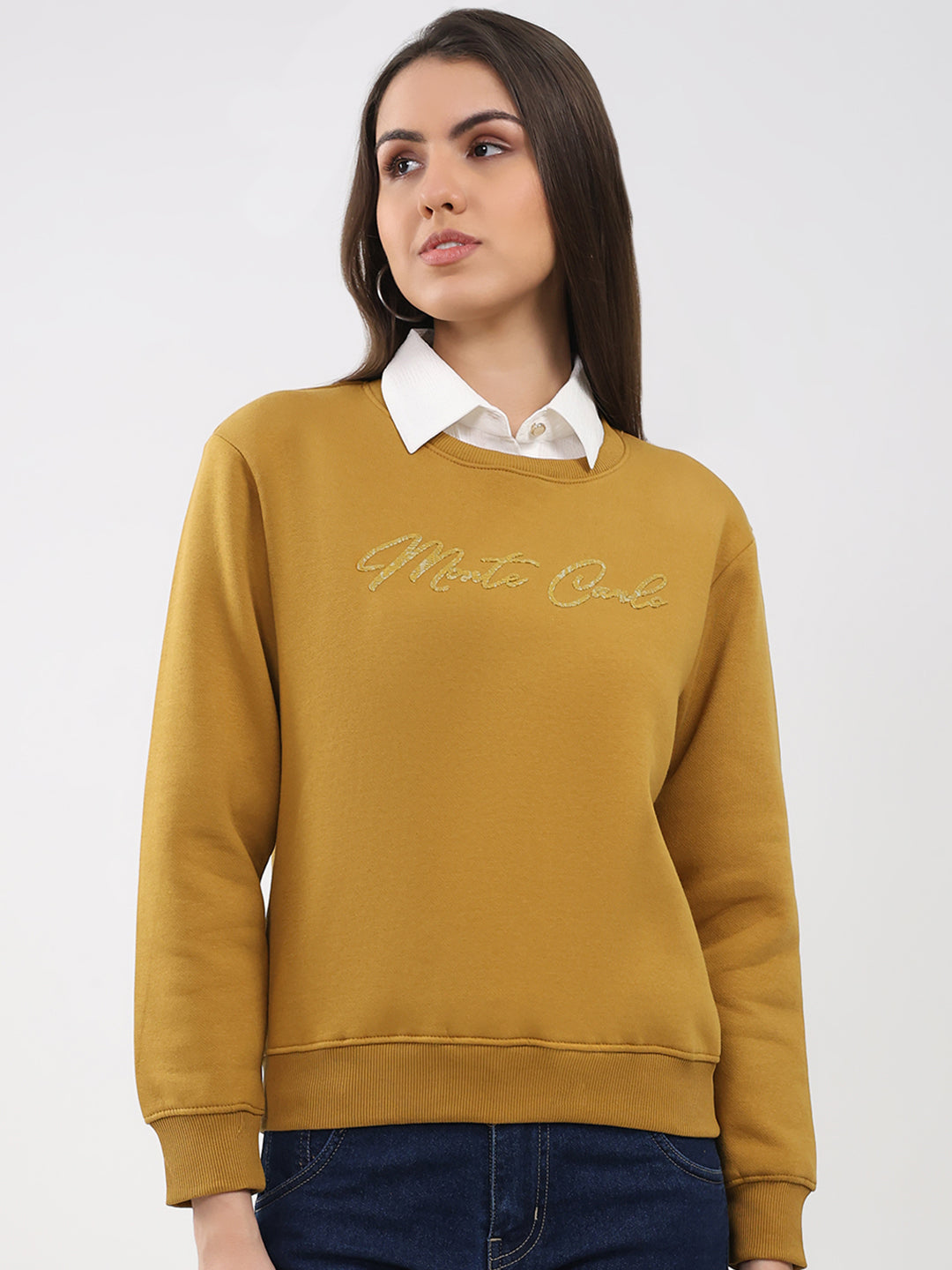 Women Mustard Printed Round Neck Full Sleeve Sweatshirt