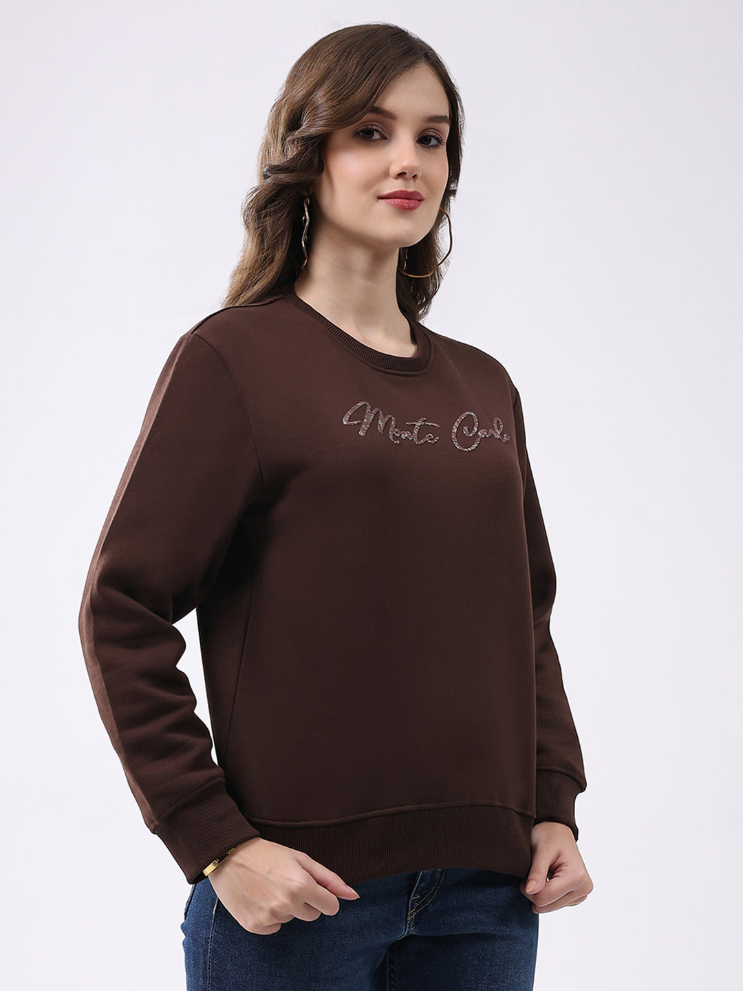 Women Brown Printed Round Neck Full Sleeve Sweatshirt