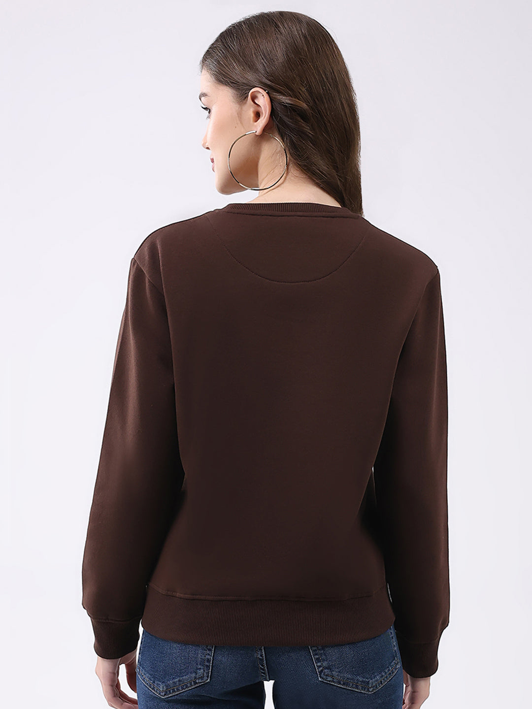 Women Brown Printed Round Neck Full Sleeve Sweatshirt