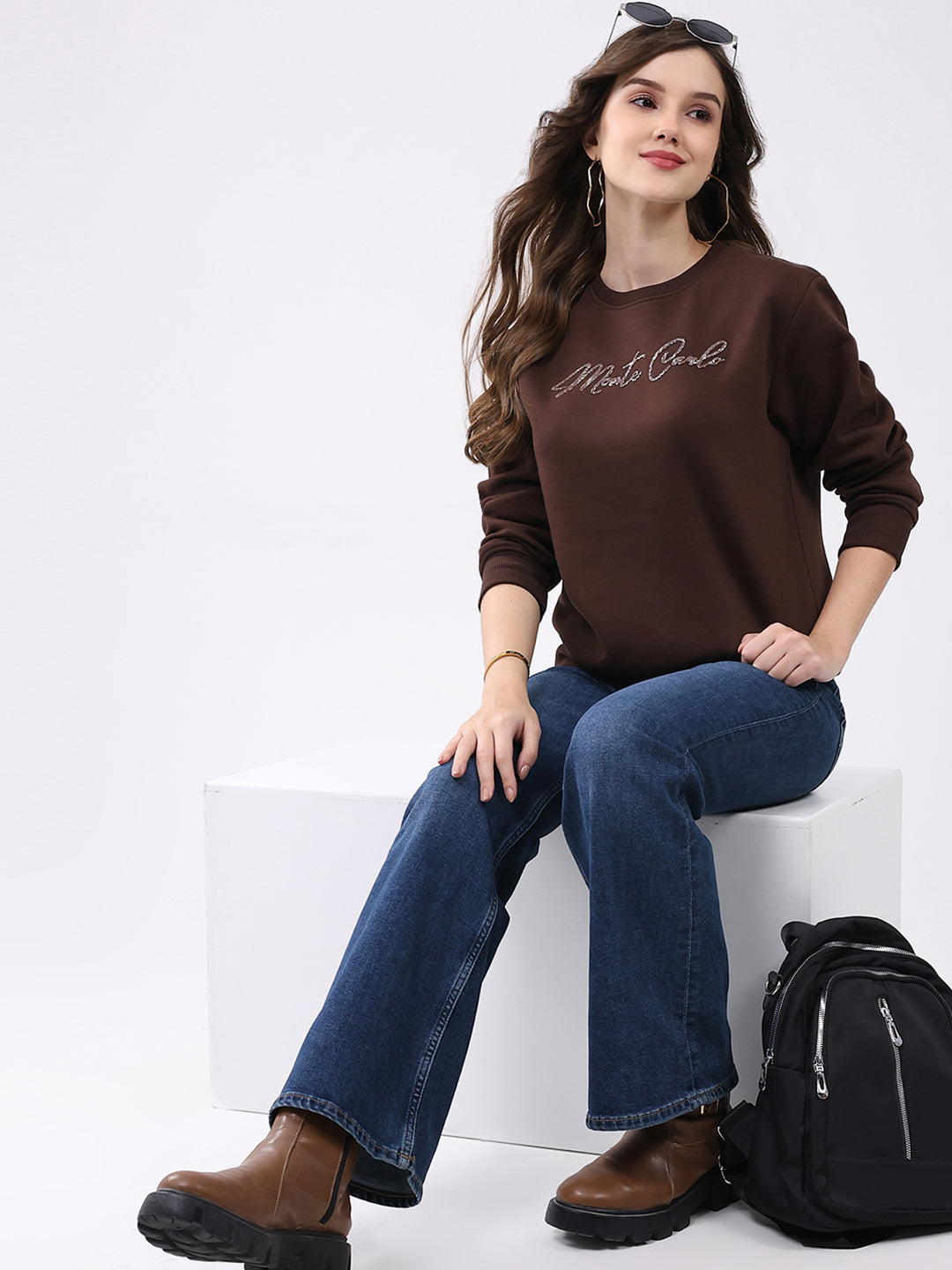 Women Brown Printed Round Neck Full Sleeve Sweatshirt