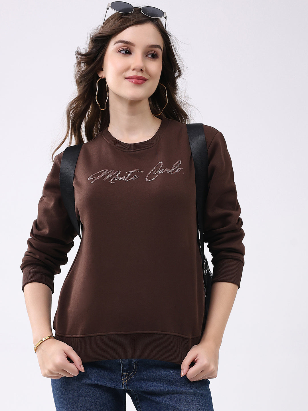 Women Brown Printed Round Neck Full Sleeve Sweatshirt