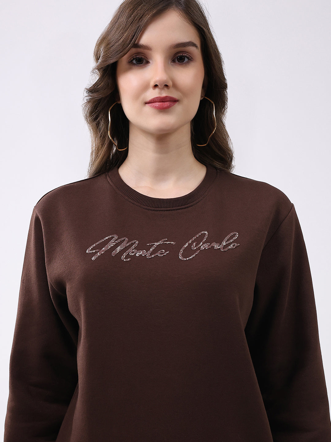 Women Brown Printed Round Neck Full Sleeve Sweatshirt