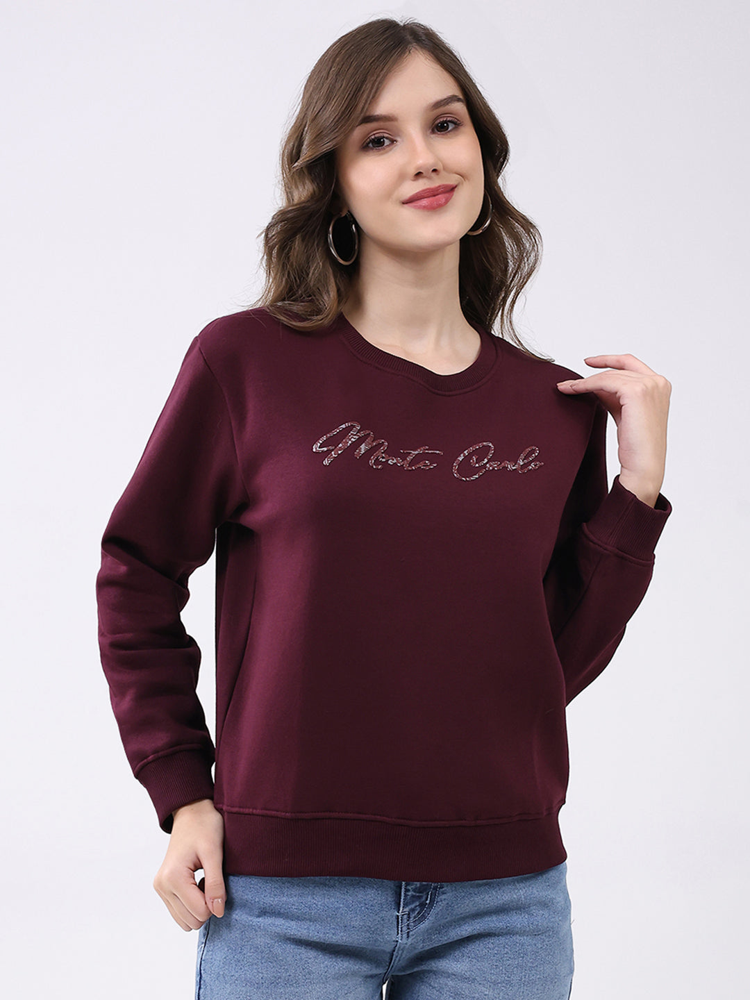 Women Maroon Printed Round Neck Full Sleeve Sweatshirt