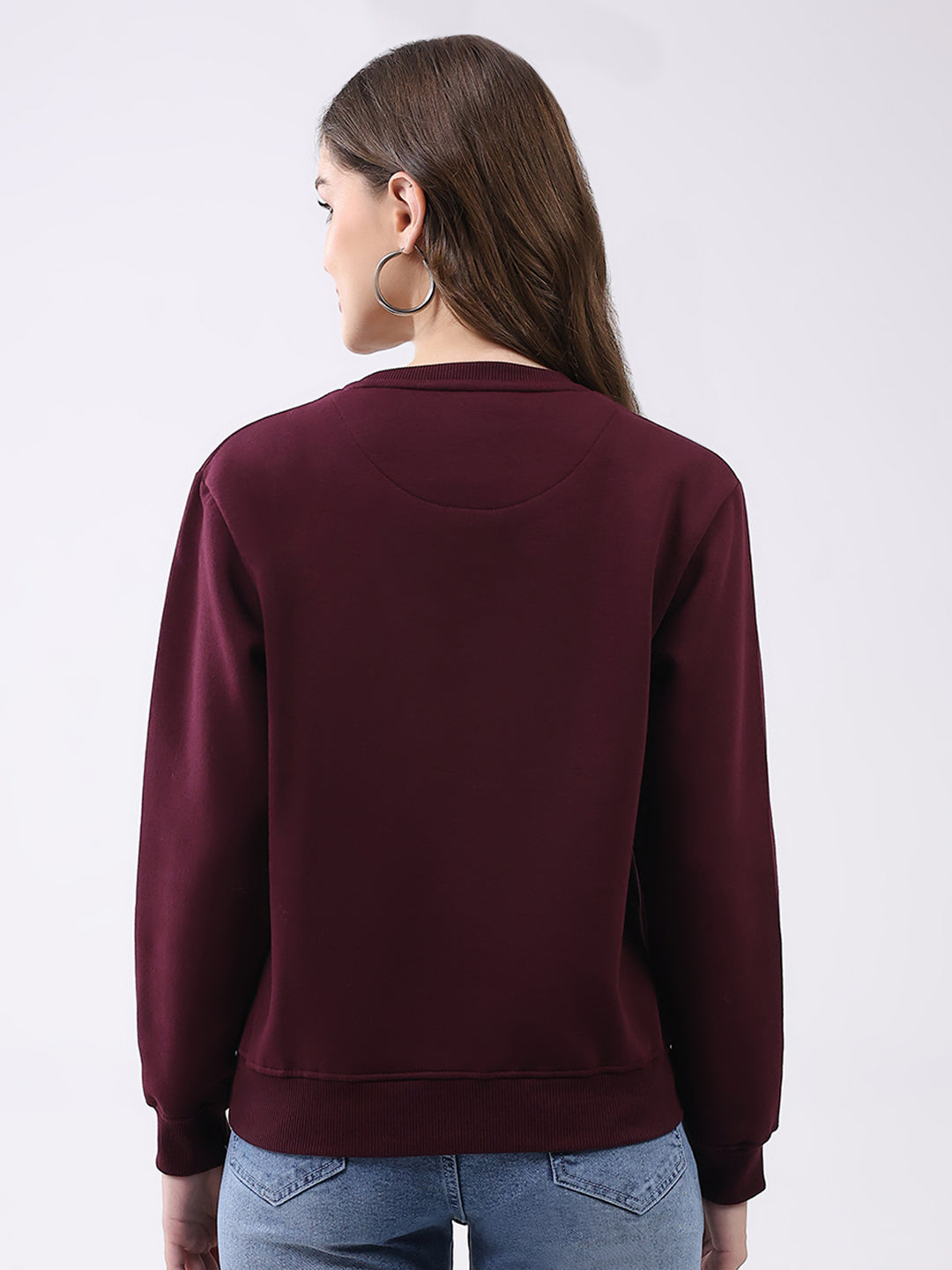 Women Maroon Printed Round Neck Full Sleeve Sweatshirt