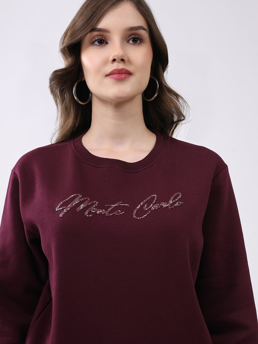 Women Maroon Printed Round Neck Full Sleeve Sweatshirt