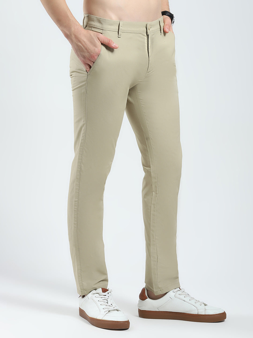 Men Khaki Solid Slim Fit Trouser