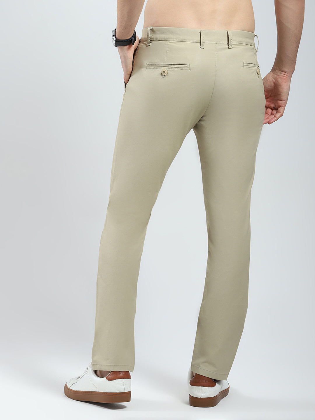 Men Khaki Solid Slim Fit Trouser