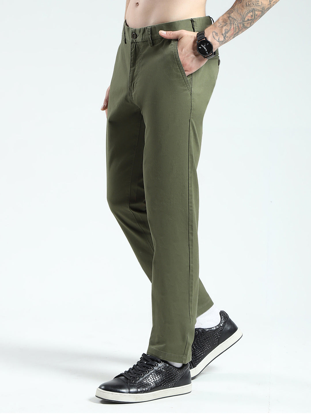 Men Olive Solid Slim Fit Trouser