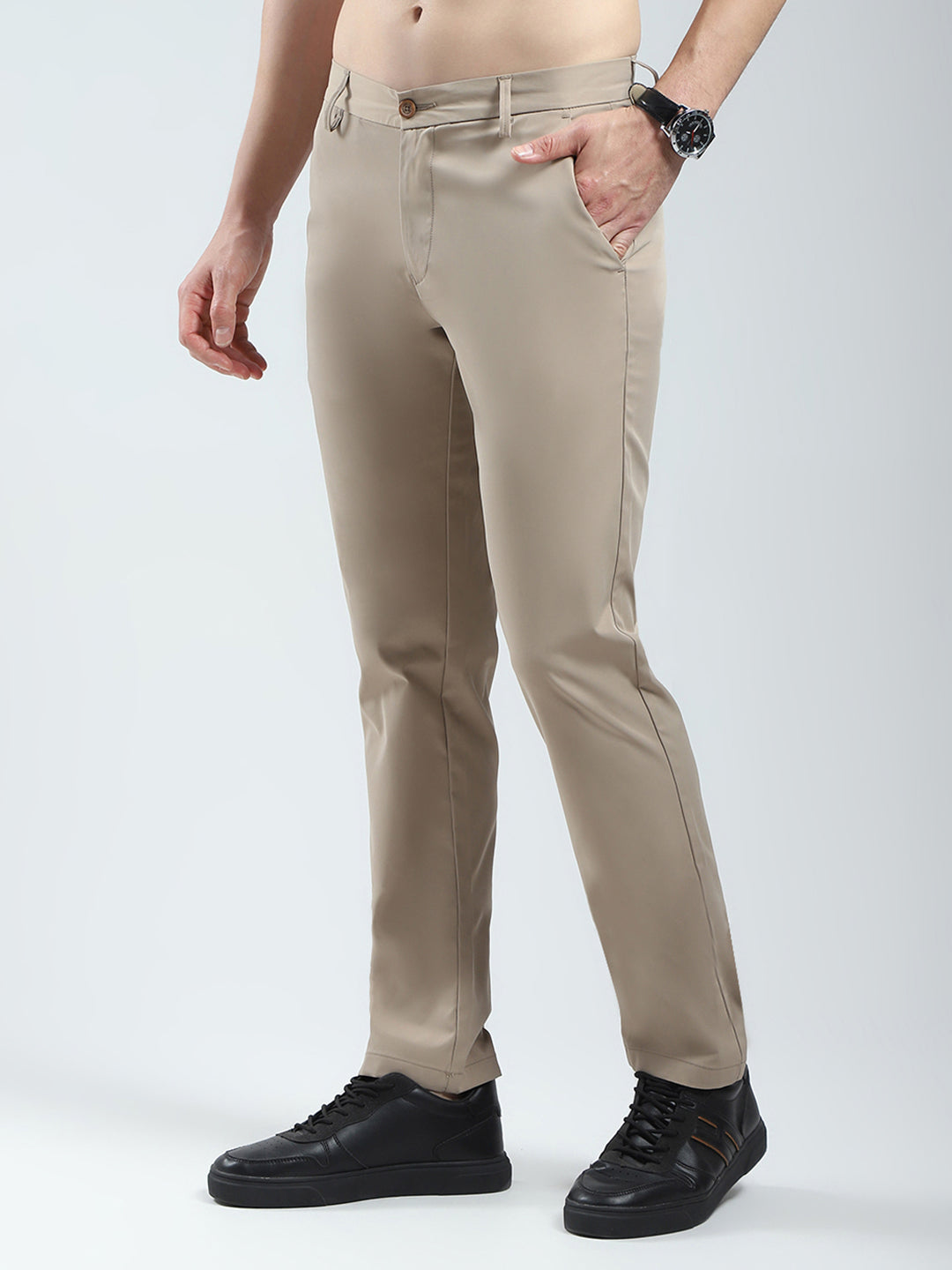 Men Khaki Solid Slim Fit Trouser
