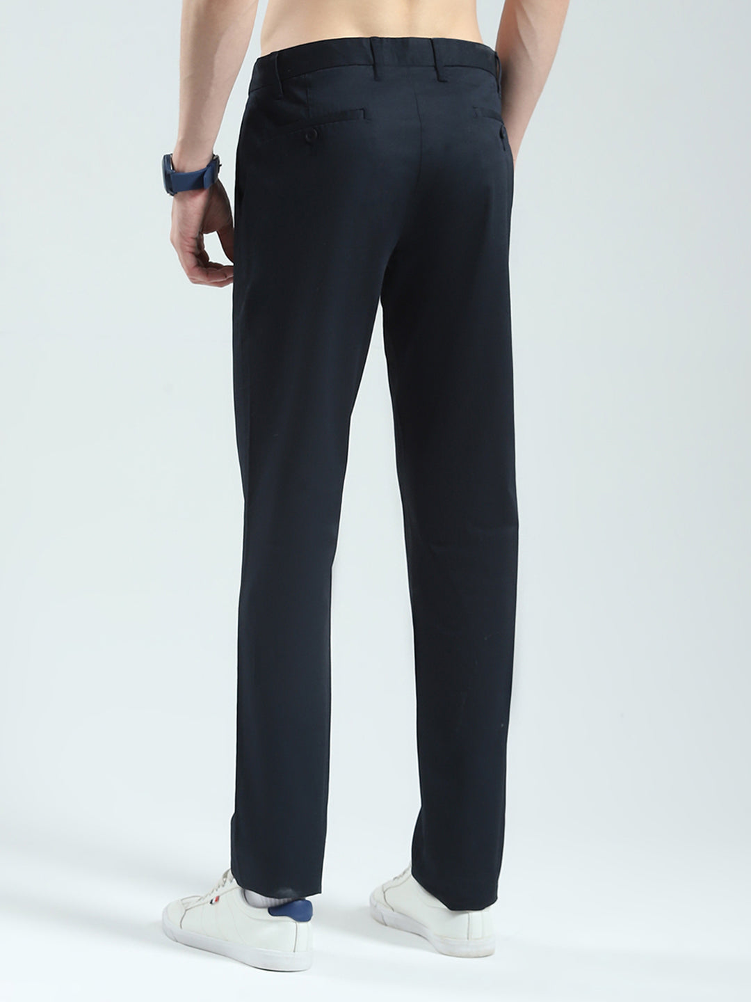 Men Navy Blue Solid Slim Fit Trouser