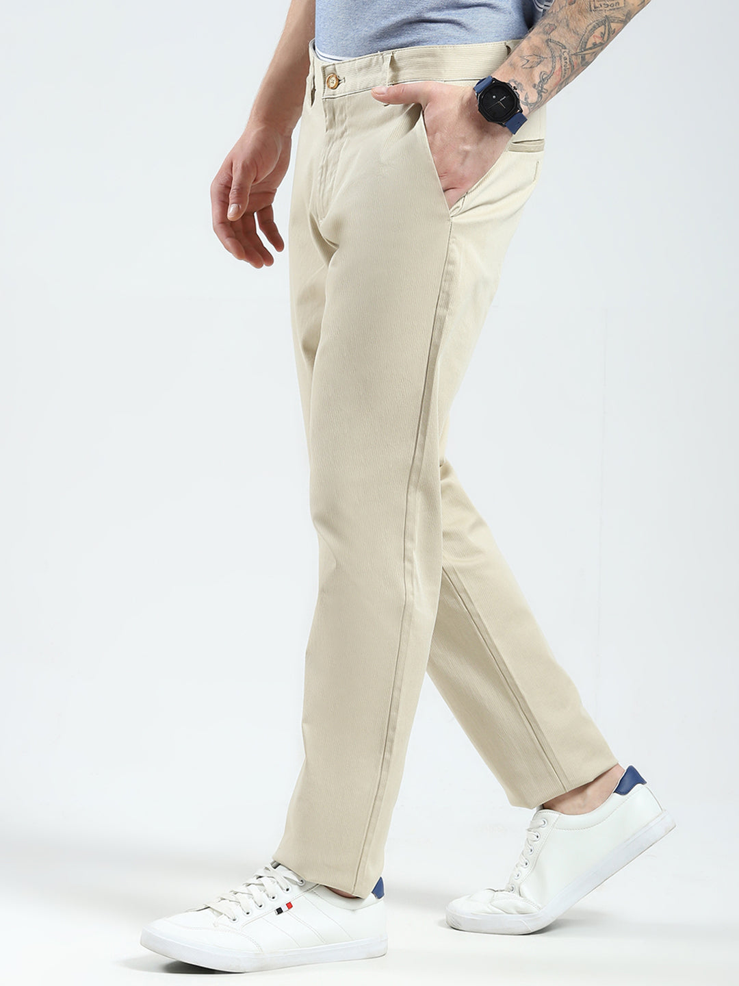 Men Beige Solid Slim Fit Trouser