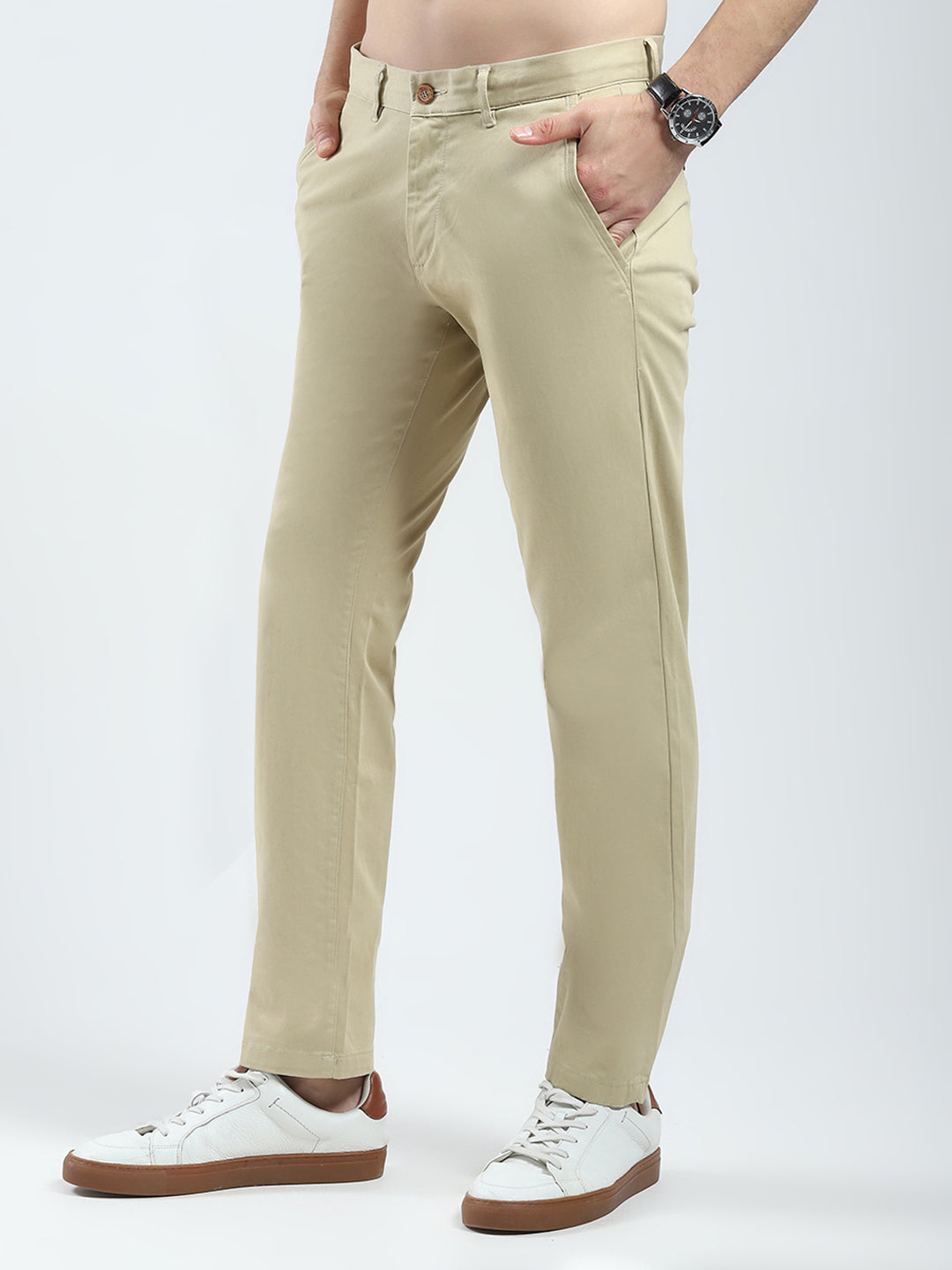 Men Khaki Solid Slim Fit Trouser
