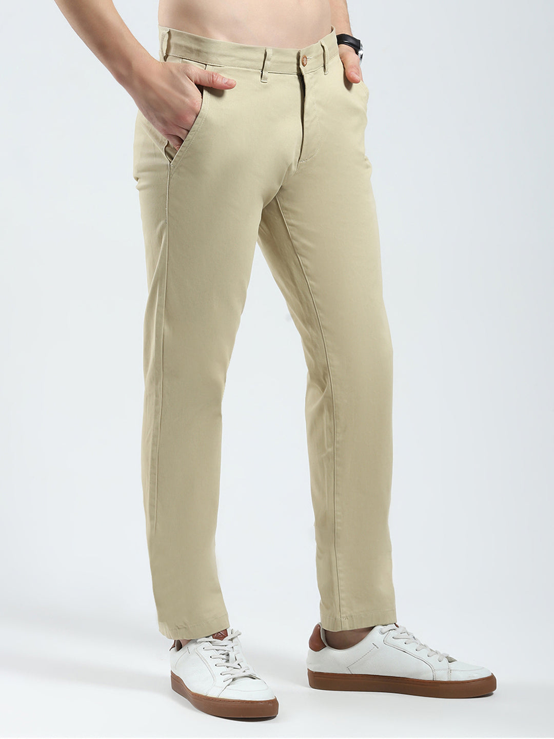 Men Khaki Solid Slim Fit Trouser