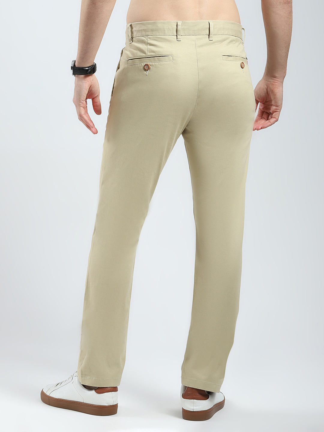 Men Khaki Solid Slim Fit Trouser