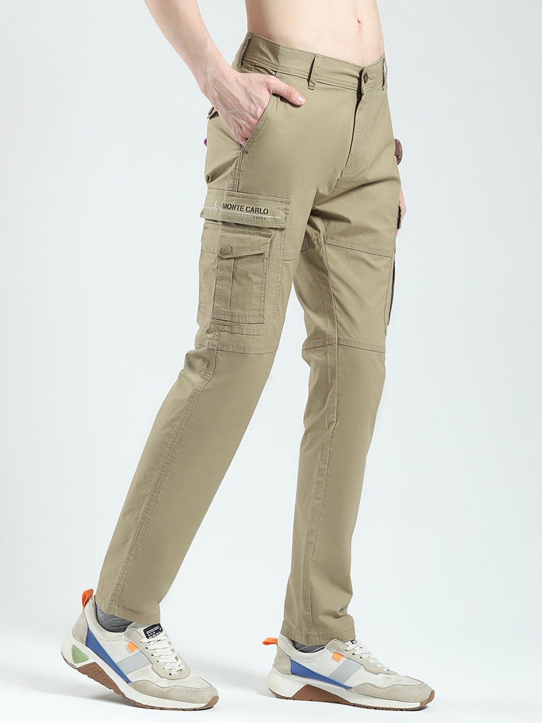 Men Khaki Solid Slim Fit Cargo
