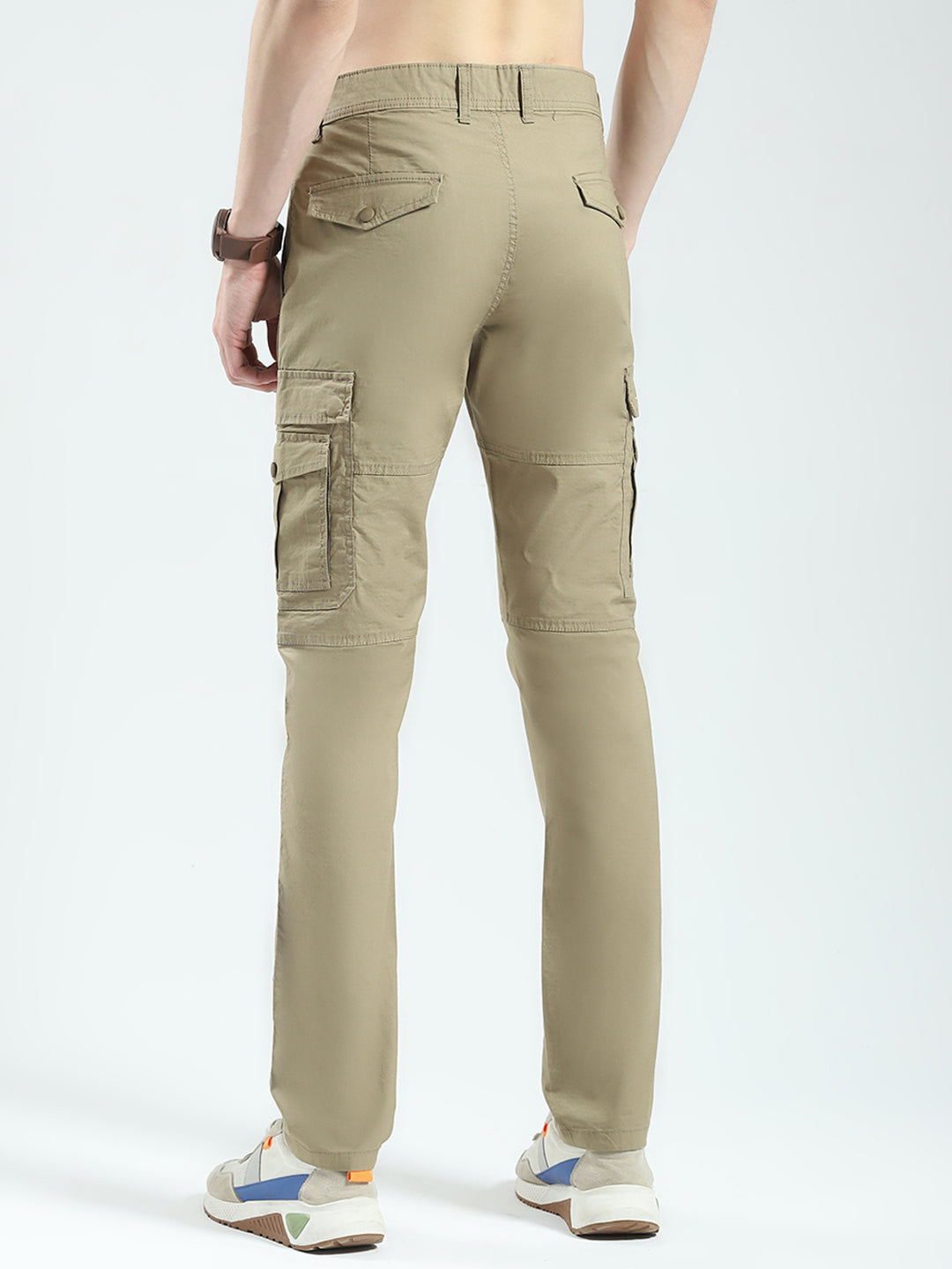 Men Khaki Solid Slim Fit Cargo