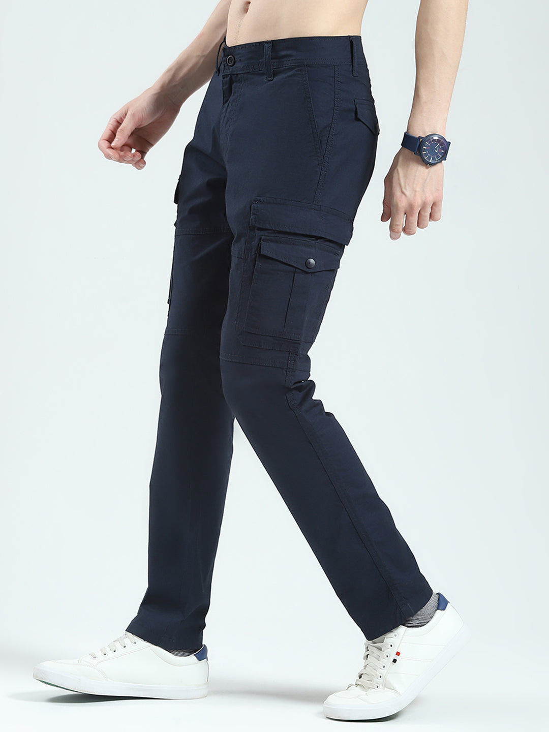 Men Navy Blue Solid Slim Fit Cargo