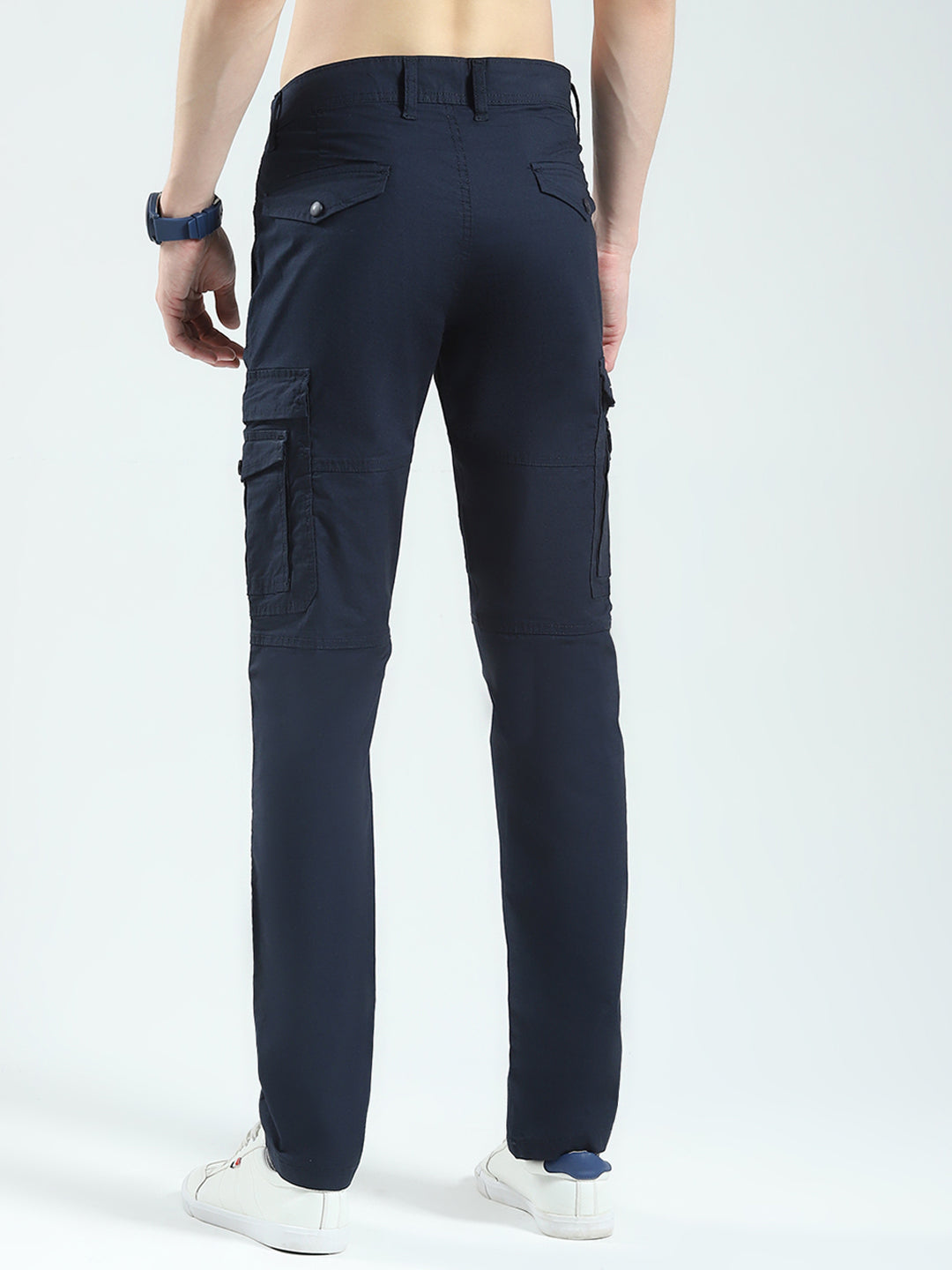 Men Navy Blue Solid Slim Fit Cargo