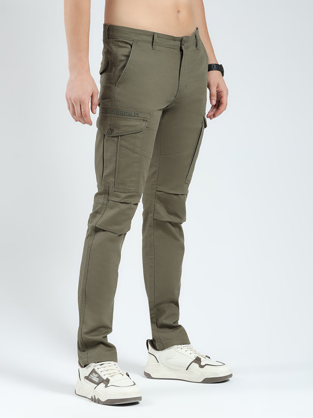 Men Olive Solid Slim Fit Cargo