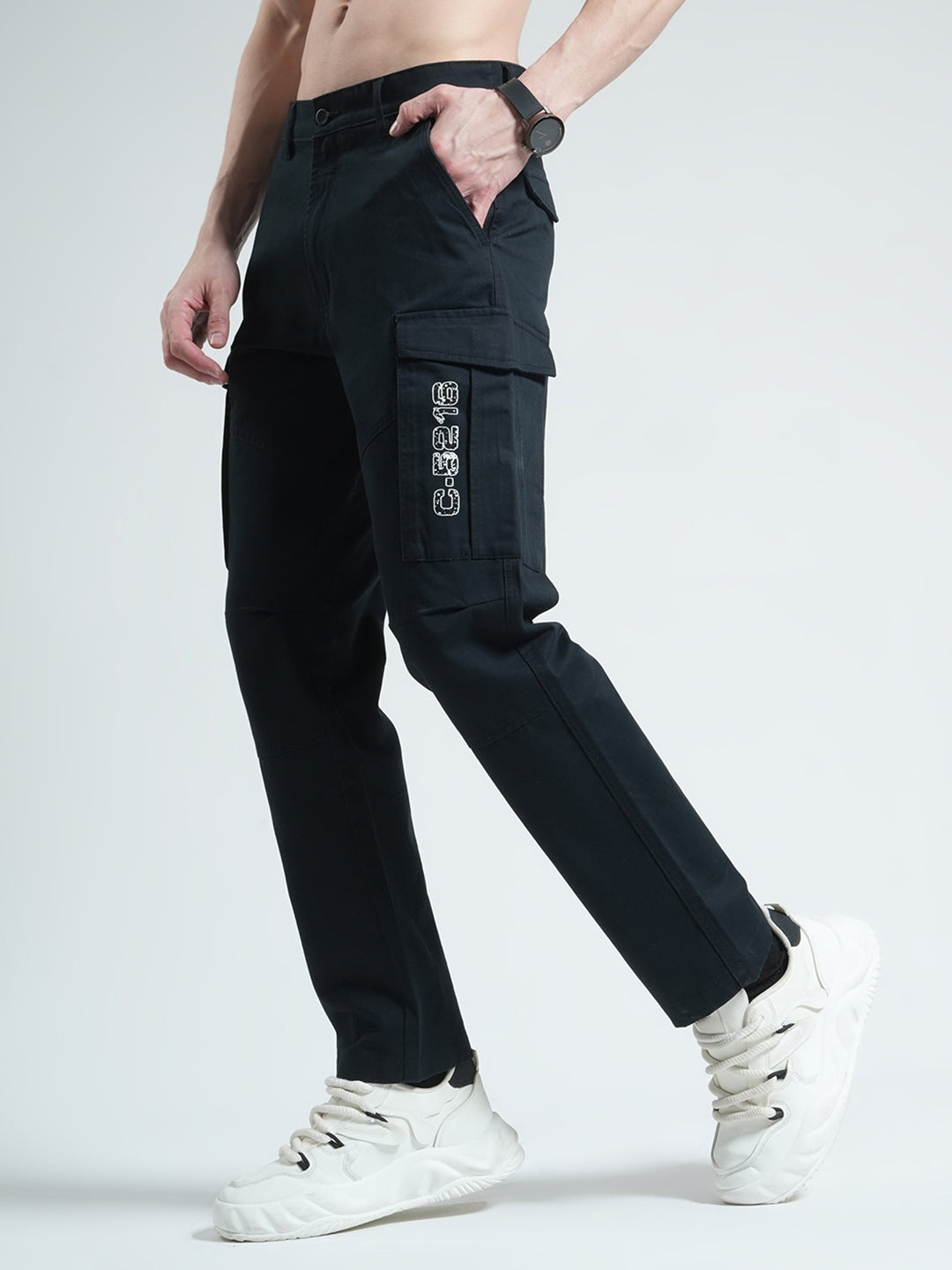Men Navy Blue Solid Slim Fit Cargo