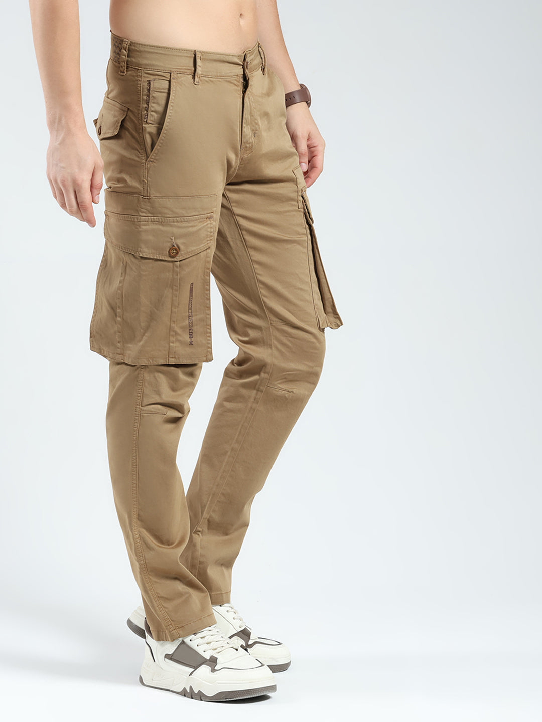 Men Khaki Solid Slim Fit Cargo