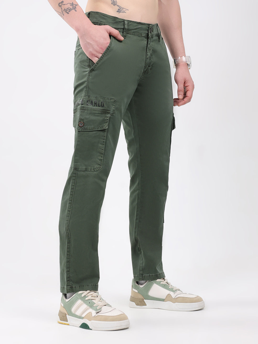 Men Olive Self Design Regular Fit Trouser