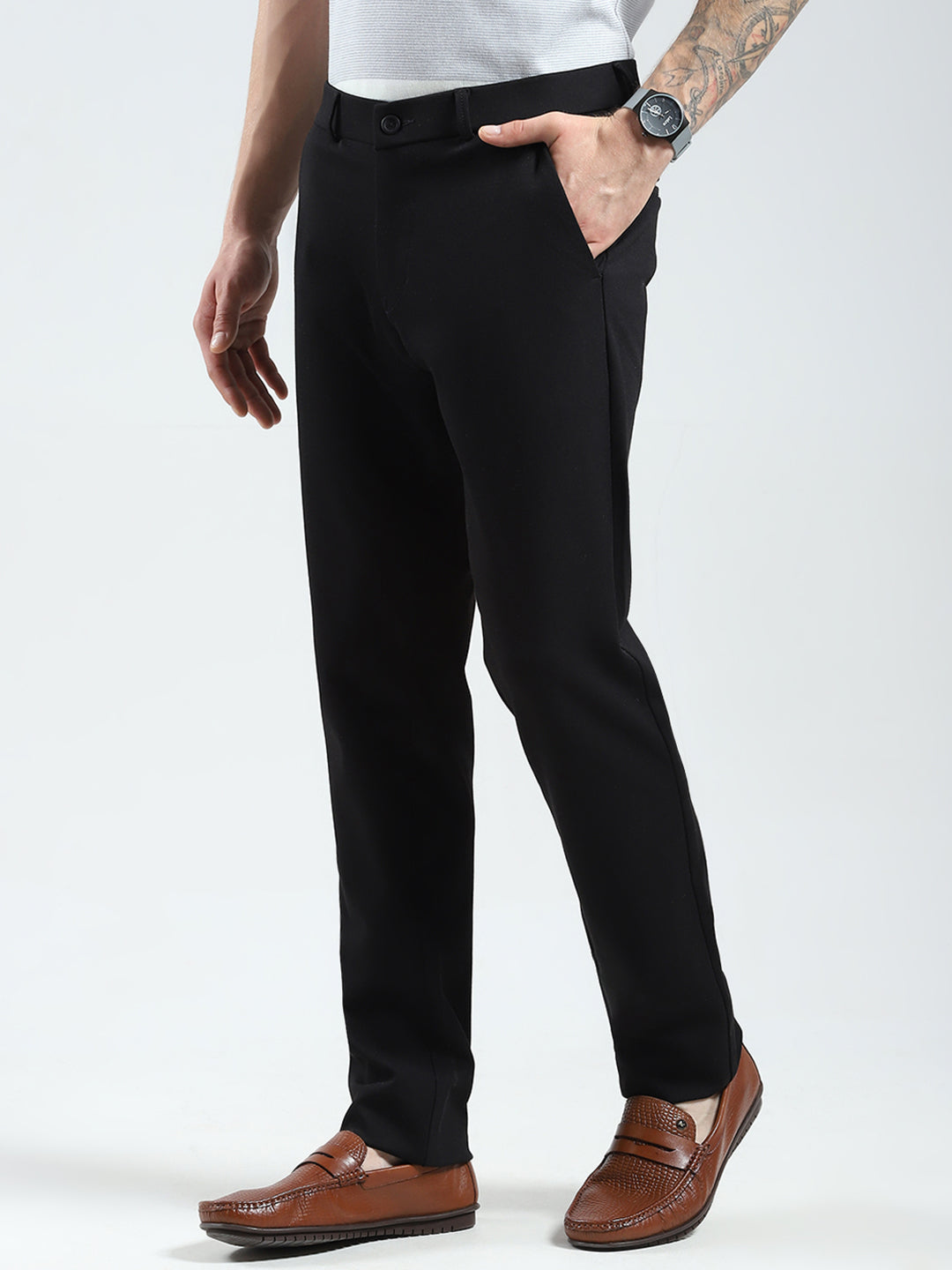Men Black Solid Slim Fit Trouser