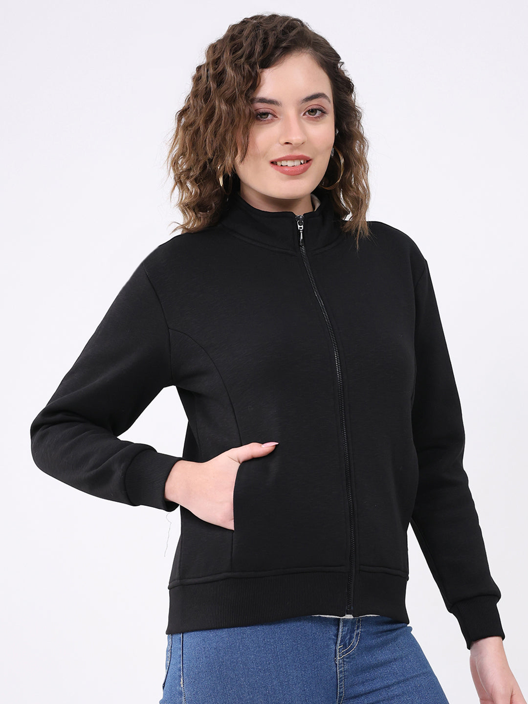 Women Black Solid Mock Neck Full Sleeve Sweatshirt