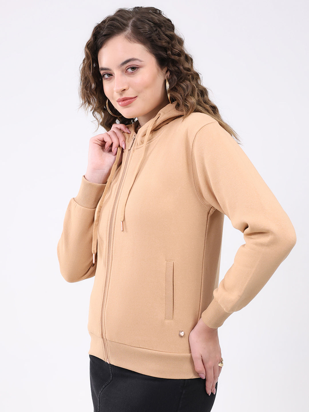Women Khaki Solid Hooded Full Sleeve Sweatshirt