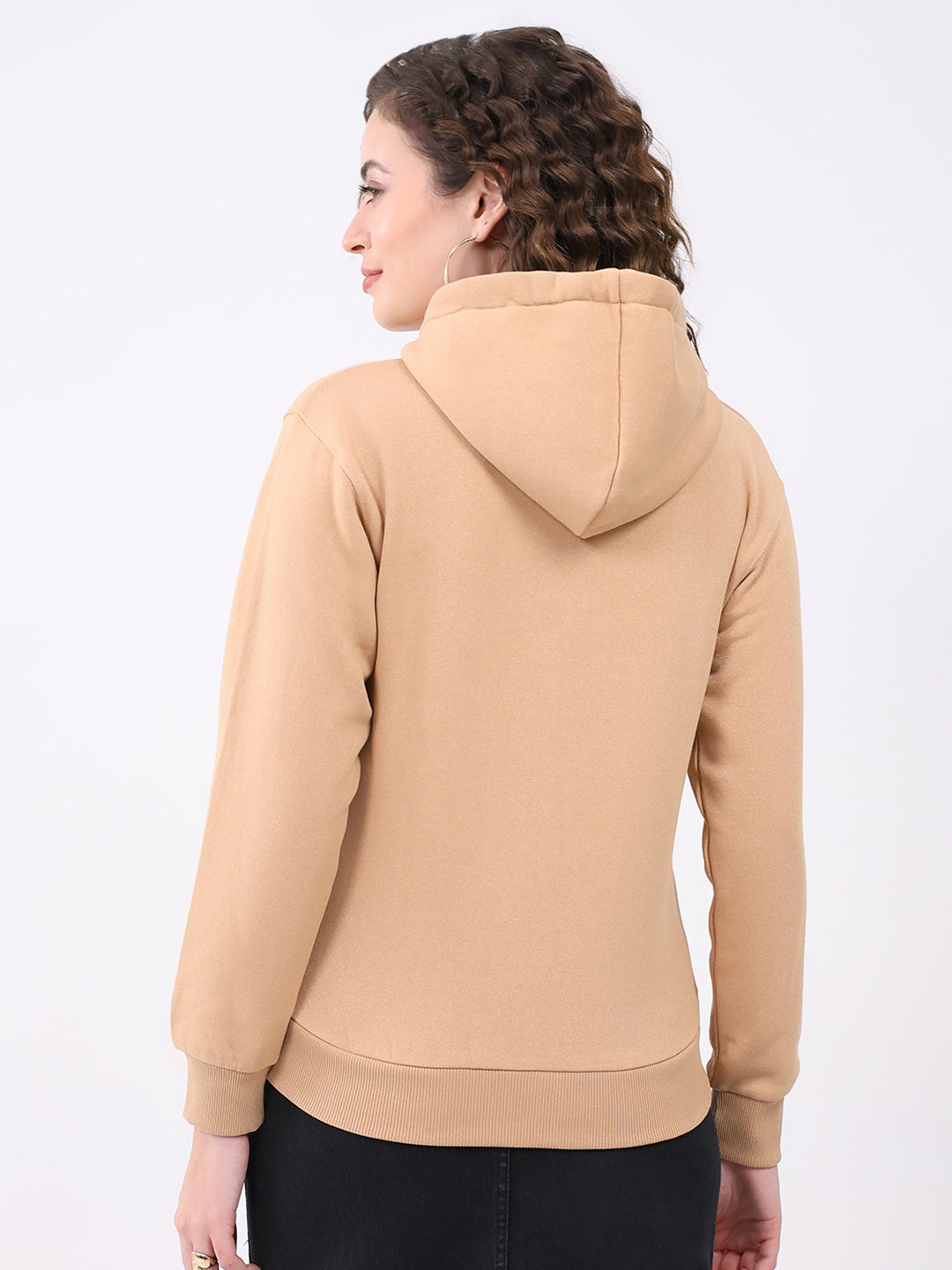 Women Khaki Solid Hooded Full Sleeve Sweatshirt