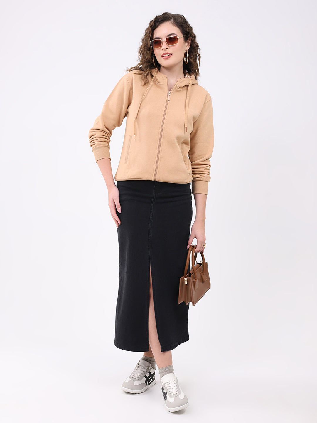 Women Khaki Solid Hooded Full Sleeve Sweatshirt