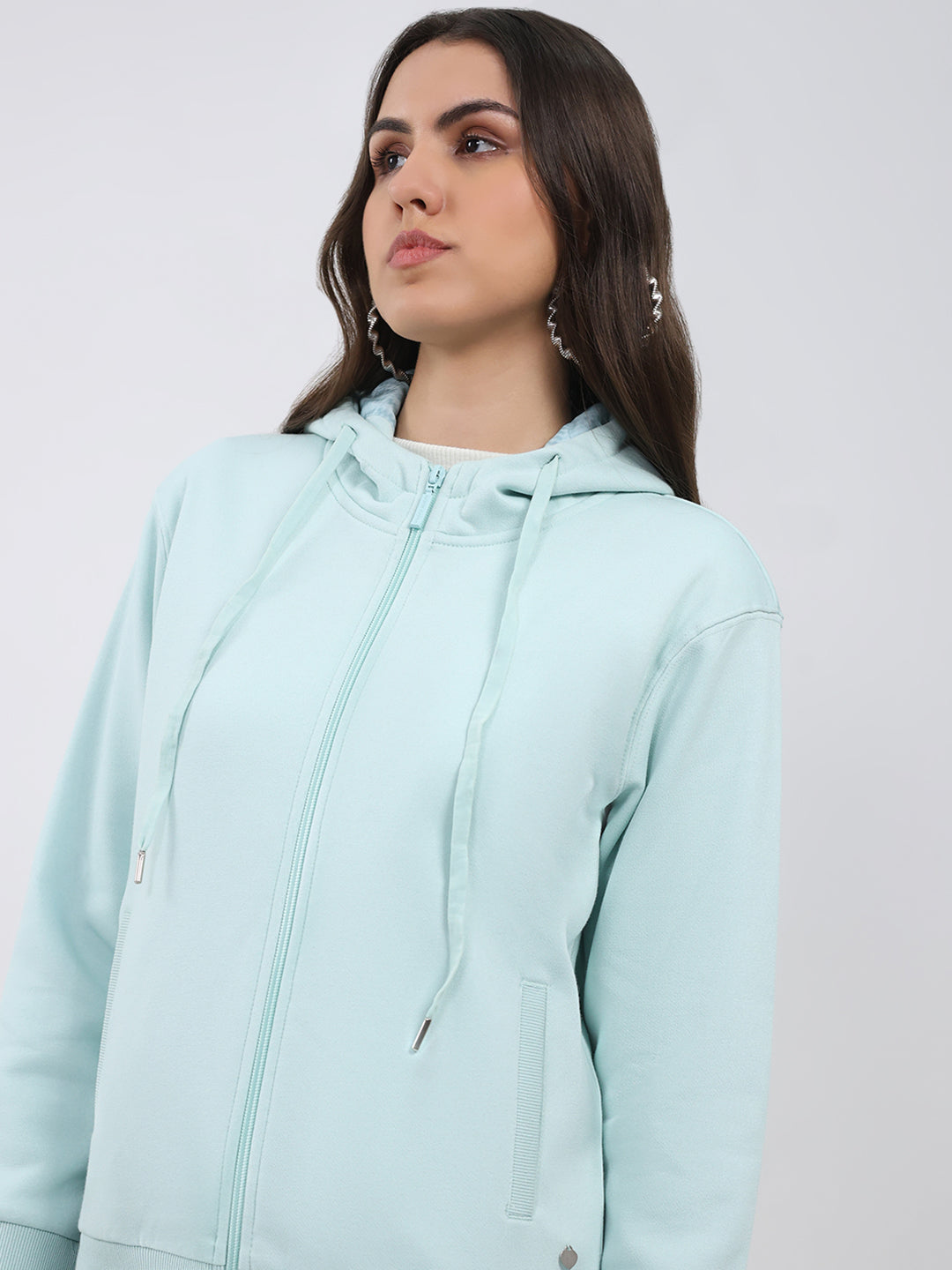 Women Sea Green Solid Hooded Full Sleeve Sweatshirt