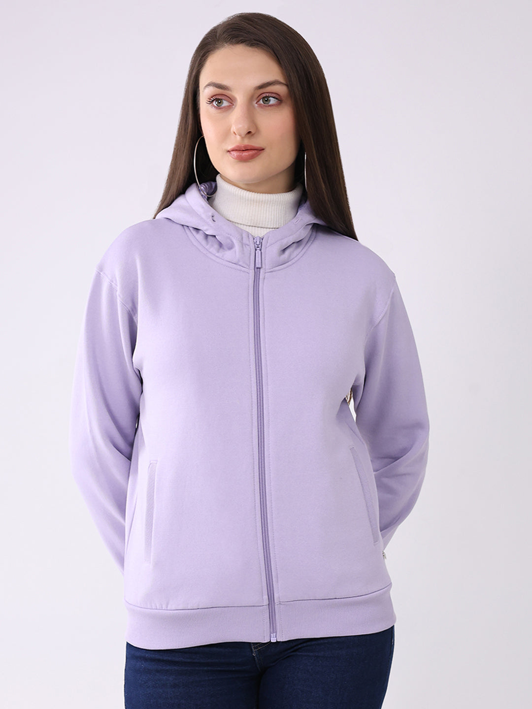 Women Purple Solid Hooded Full Sleeve Sweatshirt