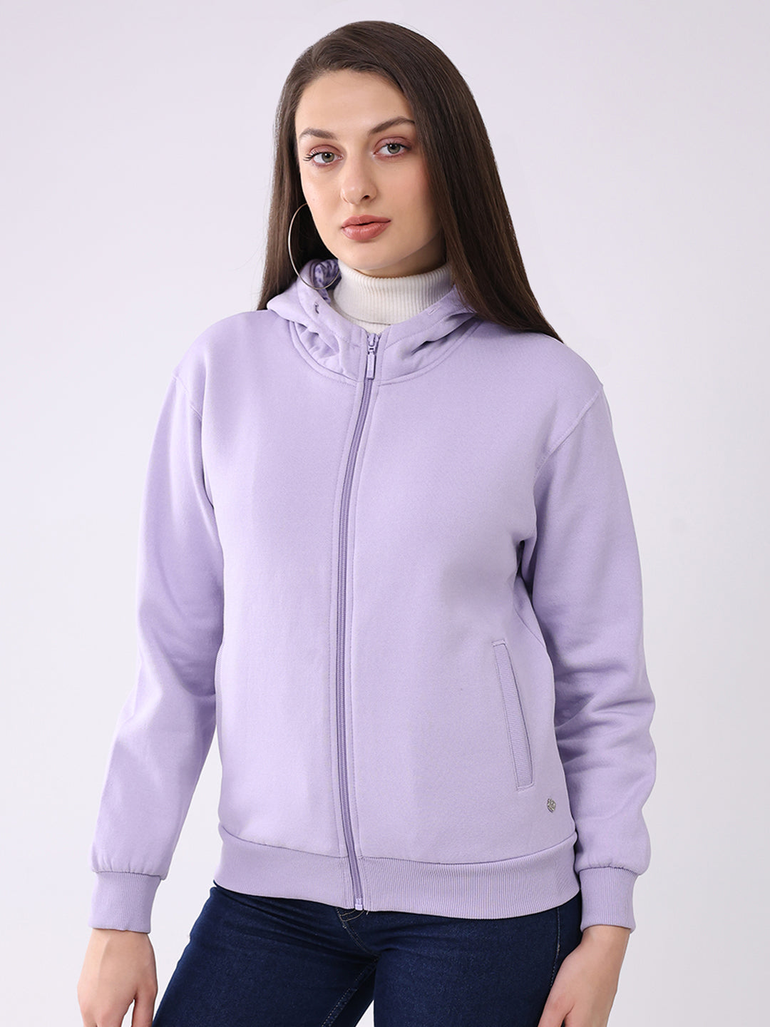 Women Purple Solid Hooded Full Sleeve Sweatshirt