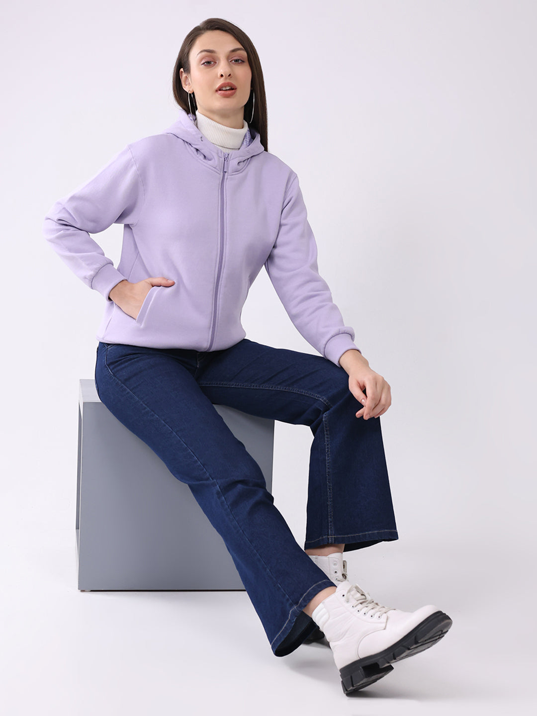 Women Purple Solid Hooded Full Sleeve Sweatshirt