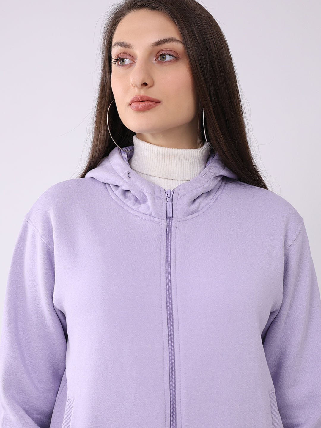 Women Purple Solid Hooded Full Sleeve Sweatshirt