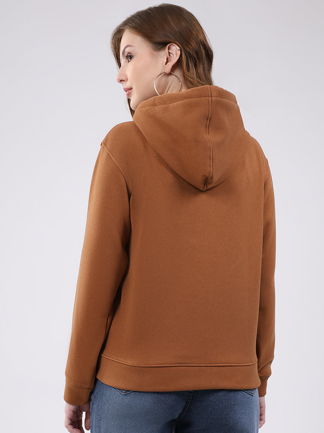 Women Brown Printed Hooded Full Sleeve Sweatshirt