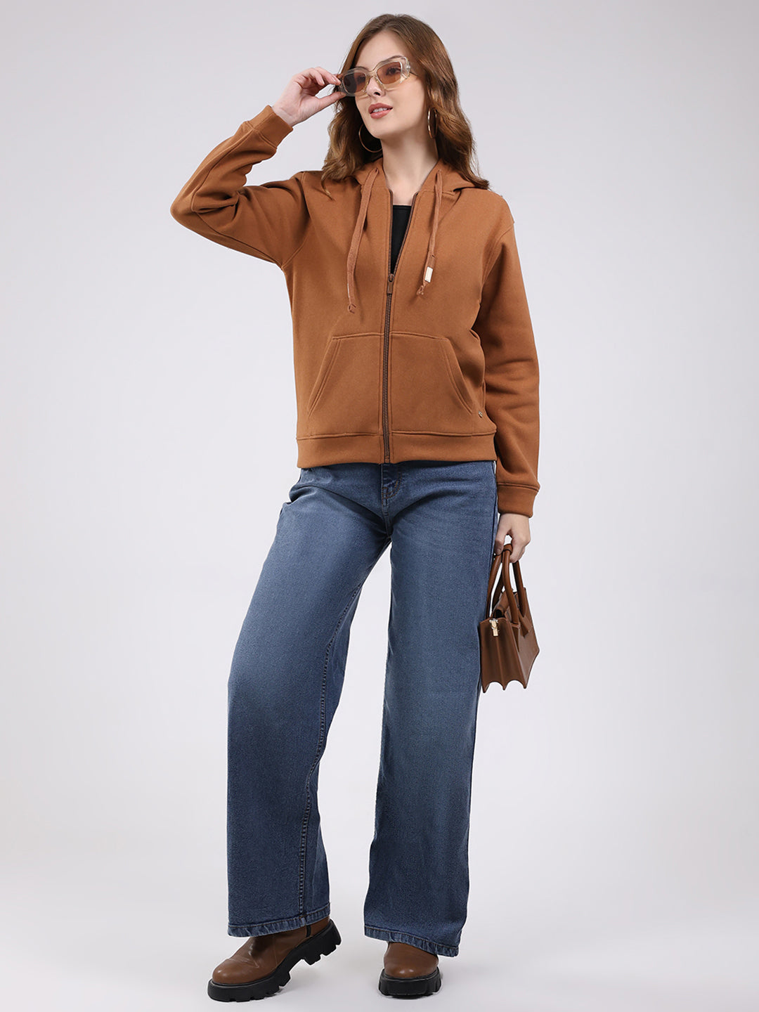 Women Brown Printed Hooded Full Sleeve Sweatshirt