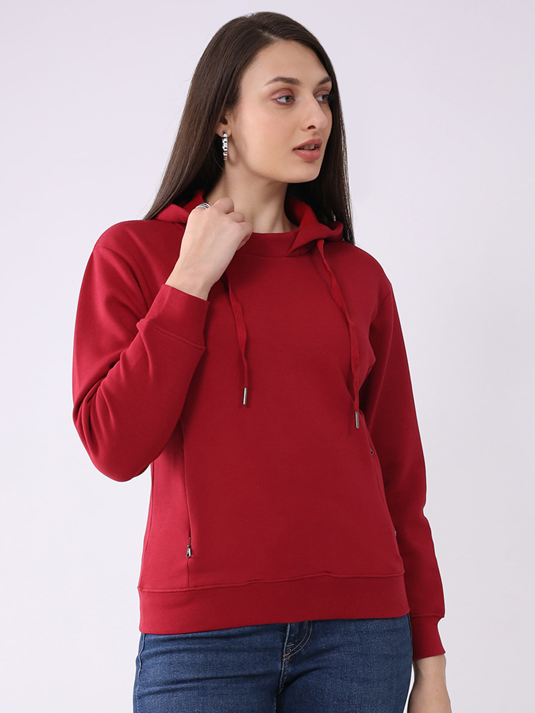 Women Red Solid Hooded Full Sleeve Sweatshirt
