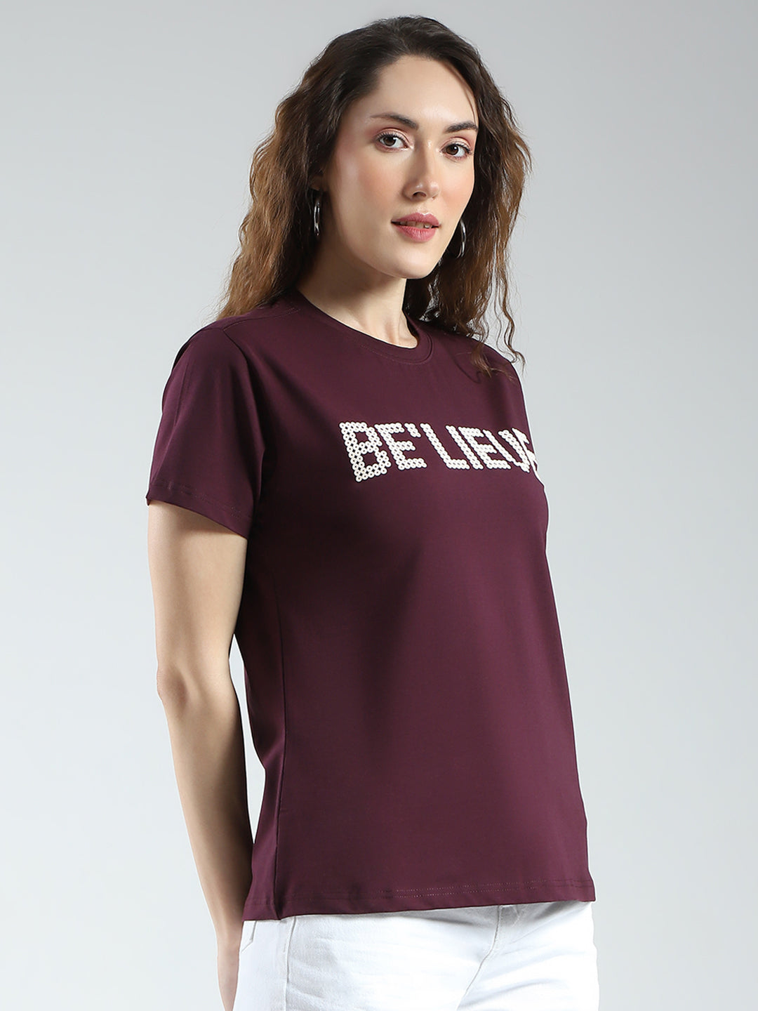 Women Maroon Printed Round Neck Half Sleeve Top