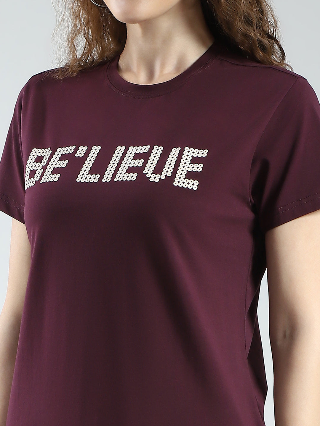 Women Maroon Printed Round Neck Half Sleeve Top