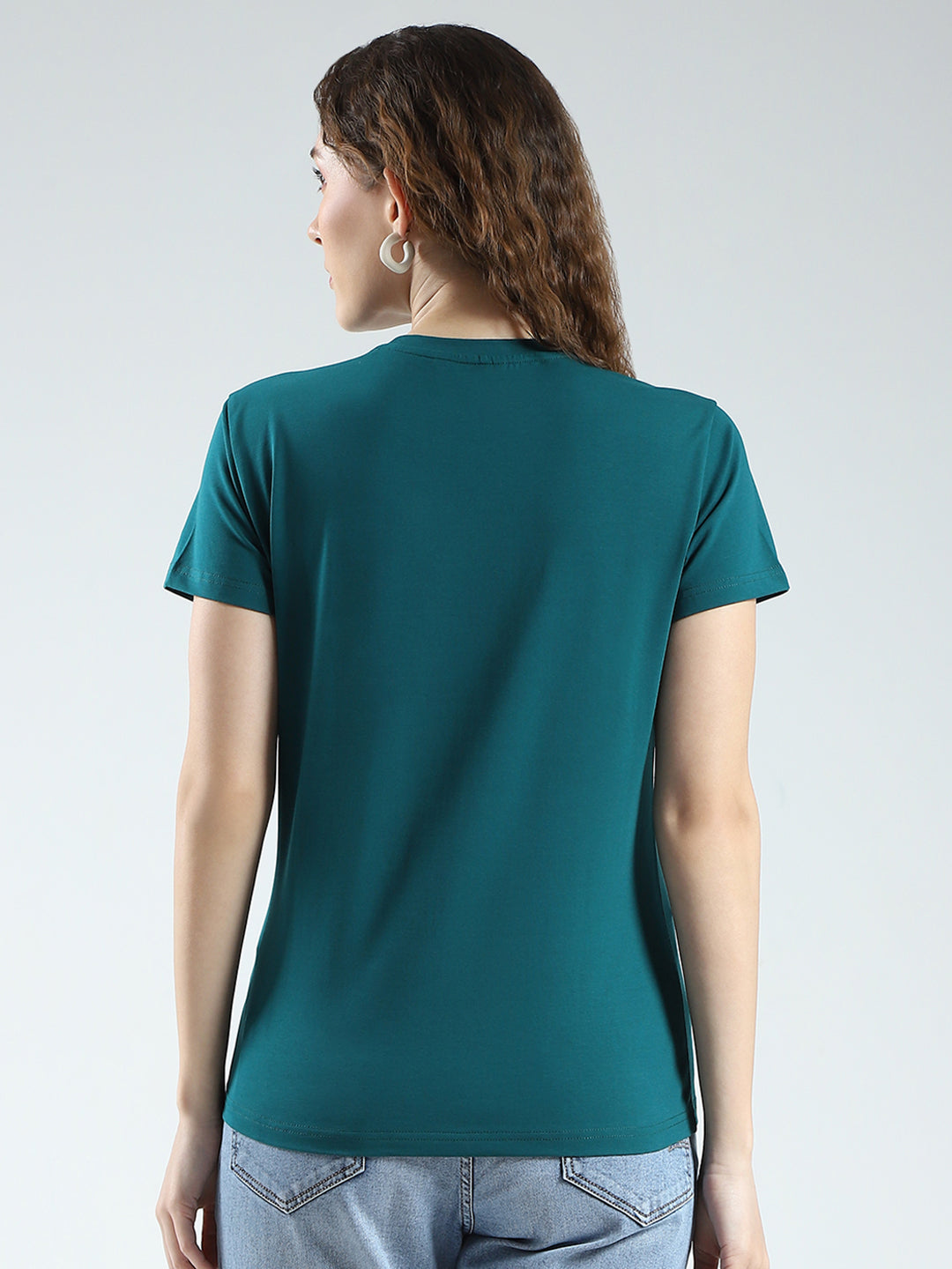 Women Teal Blue Printed Round Neck Half Sleeve Top