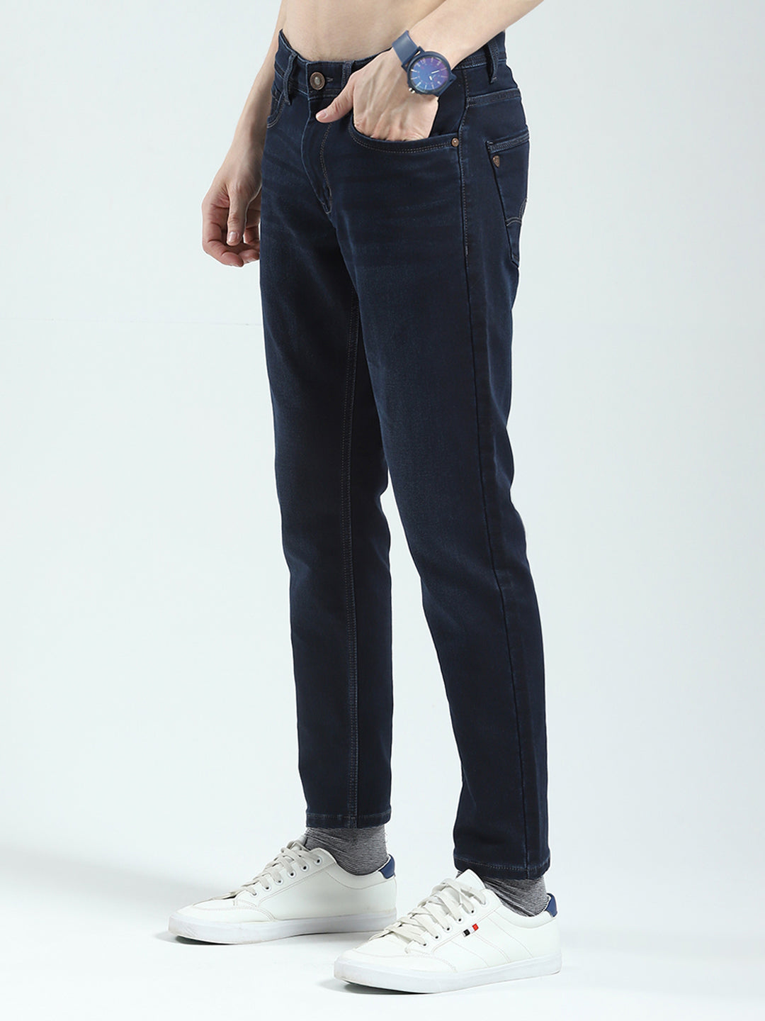 Men Blue Solid Ankle Length Denim