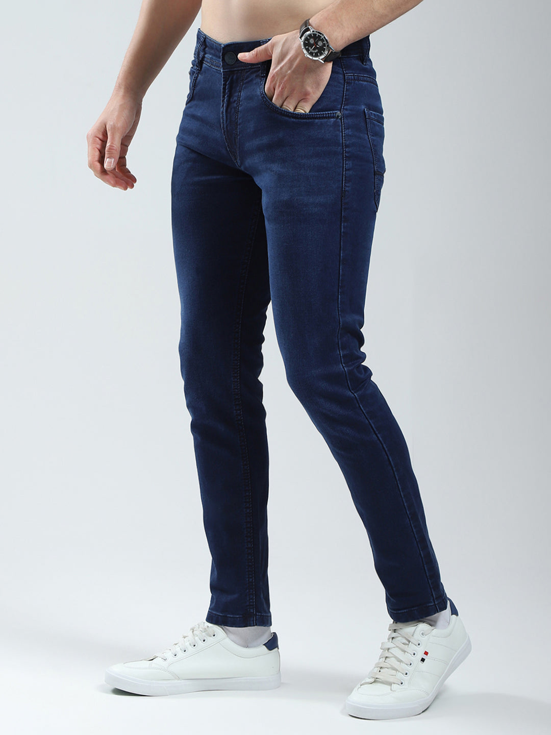 Men Blue Solid Ankle Length Denim