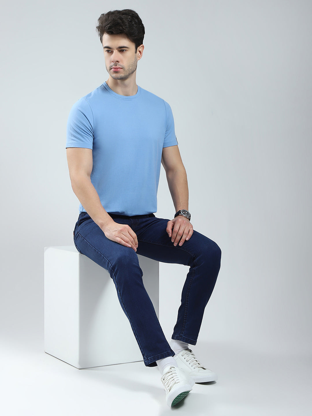 Men Blue Solid Ankle Length Denim